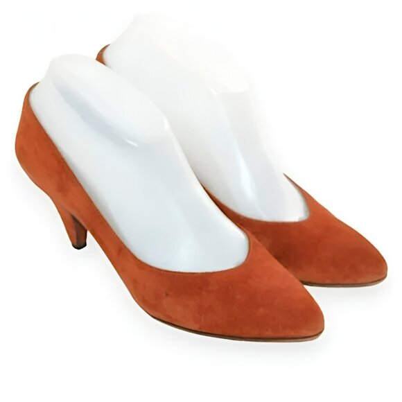 80's Rangoni Italian Leather Suede Copper Rust Burnt Orange Pumps Cone Heels 7 - Picture 1 of 10